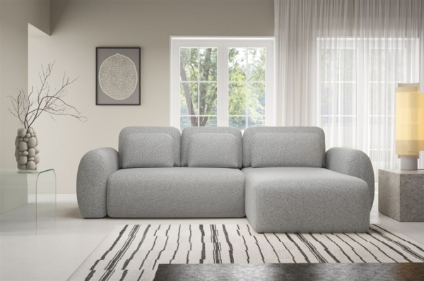 Ecksofa Schlafsofa Sofa GASTON in Stoff Puente Hellgrau Ottomane Rechts