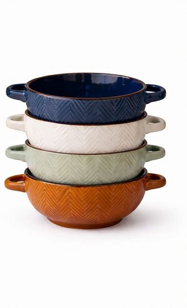 WestCraft Suppenschale Landhaus Suppenschüsselmix mit Griff Schüssel für heisse Suppen 680 ml, Keramik, (4-tlg), auch für Nudeln, Reis, Desserts, Salate, Suppen, Haferflocken Porridge