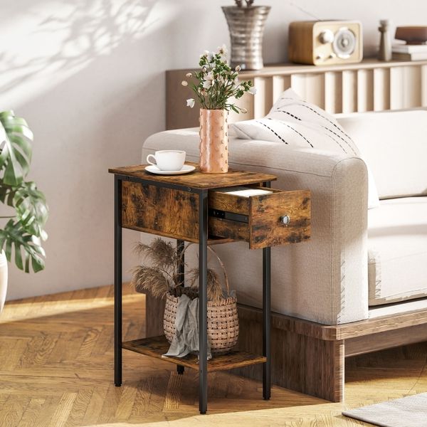 Couchtisch Kompakt 25cm Breit Mit Schublade - Beistelltisch Nachttisch Industriestil Mit Kippschutz