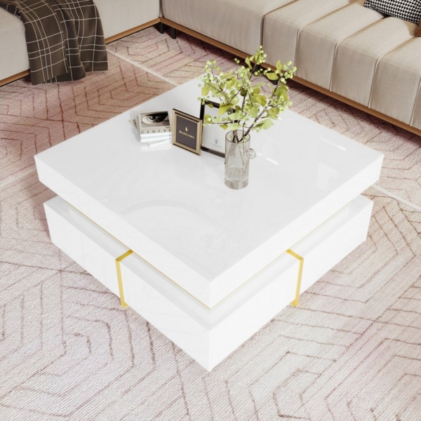 HAUSS SPOLE Couchtisch Hochglanz Beistelltisch mit Schubladen und goldenen Akzenten Weiß (Beistelltisch, 1-St, Zwei Schubladen zur Aufbewahrung), mit glattes Hochglanz-Finish,goldenen Verzierung, L70*H35.5*B70cm Bild 3