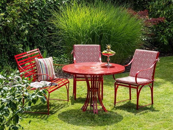 La Sedia Edelstahl Gartenmöbel-Set "Riviera", karminrot mit Tisch, 2 Stühlen, Kissen und 2er-Sitzbank - wetterfest