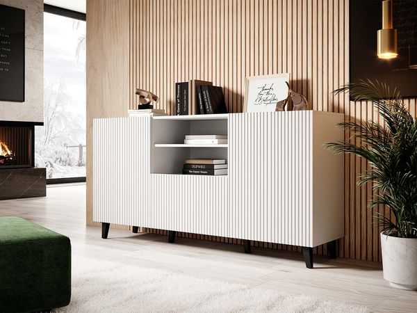 Kommode Fusbo 150, Farbe: Weiß / Weiß + Schwarz