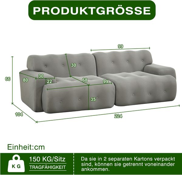 2-Sitzer Sofa B 224 x T 104 x H 66 cm, Stoff in Grau, modulares Design Bild 5