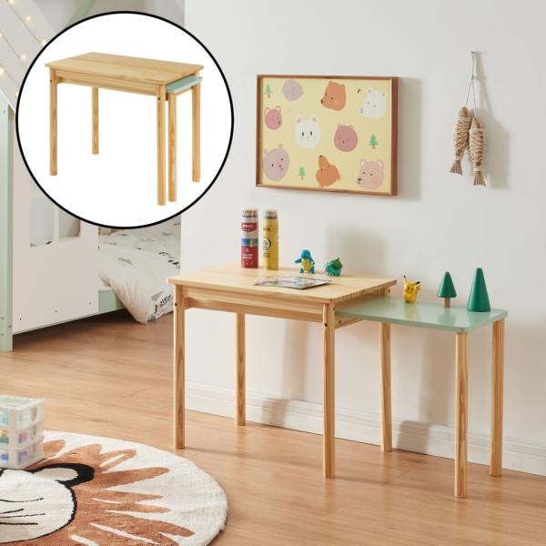 DELUKE® Kindertisch mit Stauraum FIONA - 60x38x52 Kiefernholz Zusammenschiebbar Kinder Basteltisch Maltisch Tisch für Kleinkinder Braun-Grün