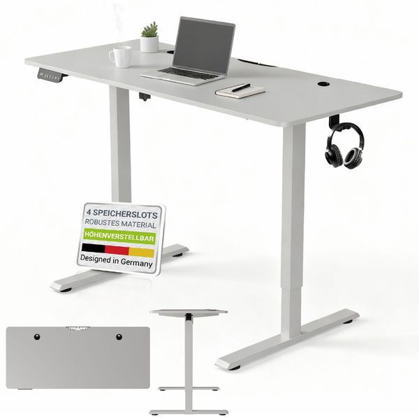 Juskys Höhenverstellbarer Schreibtisch, Metall, Holz, weiß, 140x60 cm