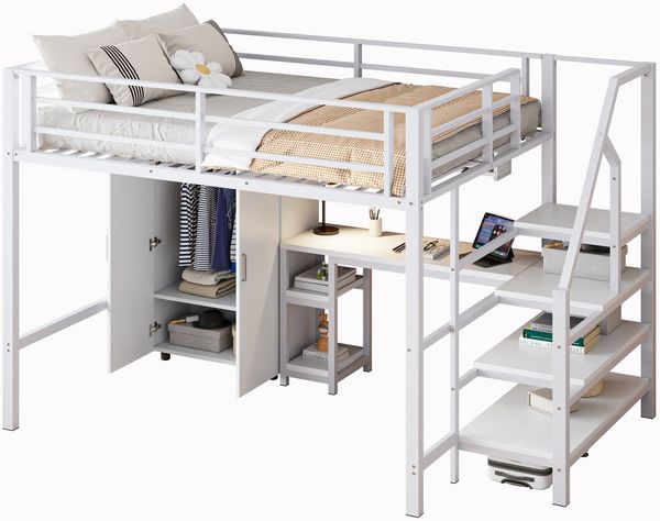 Hochbett 140x200 cm, Metall Kinderbett mit Kleiderschrank, Regalen, Ablageleiter & Schreibtisch, Weiß ohne Matratze