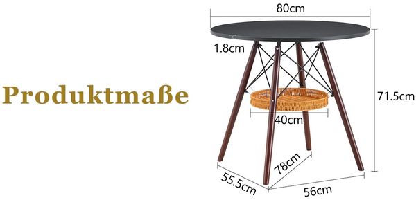 Ein runder Esstisch mit einem Durchmesser von 80 cm, einer Tischplatte aus schwarzem MDF und Tischbeinen aus walnussfarbenem Massivholz, ergänzt durch ein schwebendes, geflochtenes Ablagefach Bild 8