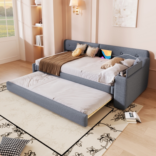 OKWISH Schlafsofa Schlafsofa,Daybett,Tagesbett, Schlafsofa mit Lattenrost 90x200cm – Ausziehbares Rollbett mit Stauraum & USB + Type-C, Leinen & MDF, ohne Matratze