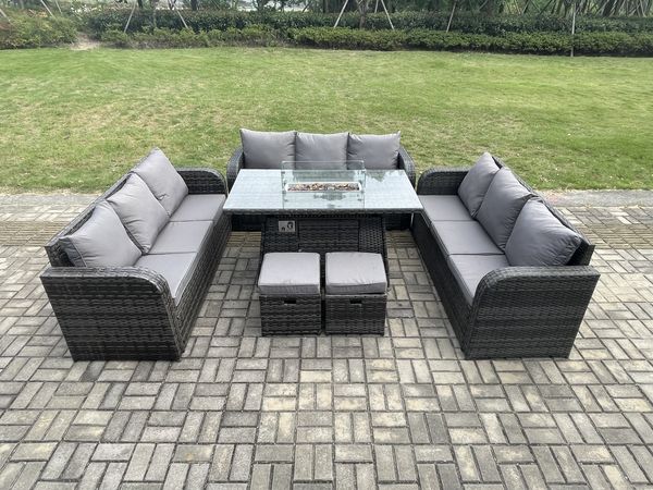 Fimous Polyrattan Gartenmöbel Set Gasfeuerstelle Esstisch Set mit 2 kleine Fußhockern Dunkelgrau Gemischt