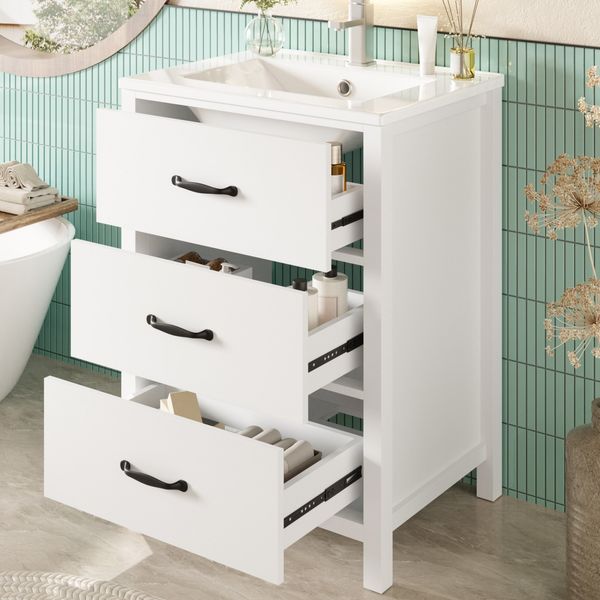 Flieks Waschtisch mit Unterschrank 61 x 46.5 x 82.5 cm, Badezimmermöbel, Keramikbecken rund, 3 Schubladen, Weiß