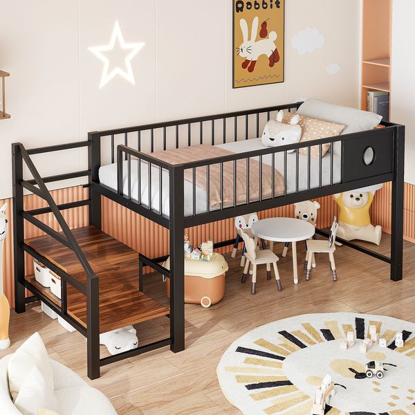 Merax Niedriges Hochbett für Kinder (90 x 200 cm), Jugendbett, Kinderbett mit Aufbewahrungsleiter, stabilem Metallrahmen, geeignet für Kinder und Jugendliche, Schwarz