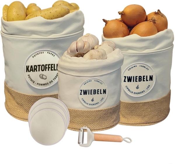 Nachhaltige Aufbewahrungsbox 3er Set beschriftete Stoffbehälter Vintage Korb mit Leinenbeutel und Kartoffelschäler Weiß