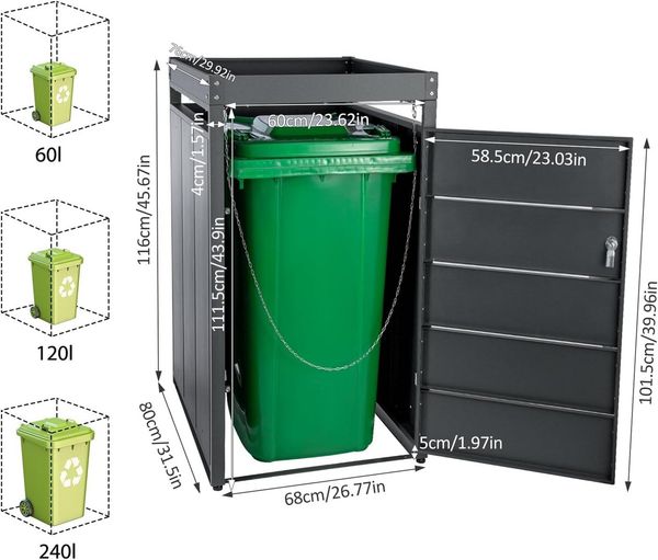 Youyijia Mülltonnenbox Mülltonnenbox für 240L Tonnen (Ganz in Schwarz Mit Pflanzdach, 1)