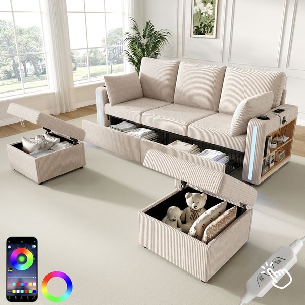 Merax Modulares U/L-Form Sofa, mit 2 Hockern mit Stauraum, LED-Stimmungslicht per App & Fernbedienung, Getränkehalter, USB/Type-C, Armlehnen-Regal, große Schubladen, Kissen, Beige