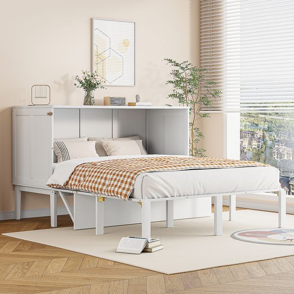 Schrankbett 140x200 cm, vertikales Wandbett weiß mit Lattenrost und hohem Sockel–platzsparend mit Stauraum