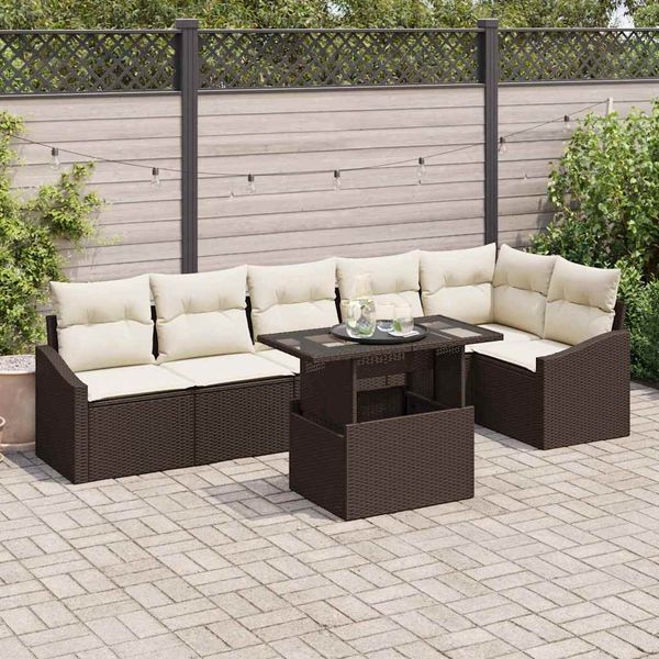 vidaXL Gartensofa-set mit Kissen 7 pcs Braun und Creme Poly-Rattan 3349014