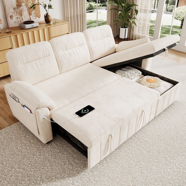 Merax L‑förmiges Ecksofa mit links/rechts wechselbarer Chaiselongue, ausziehbarer Schlaffunktion, Stauraum im Longchair, USB/Type‑C‑Panel, halbfixiertem Kopfstützen‑Armlehnenfach, Chenillegewebe, Beige