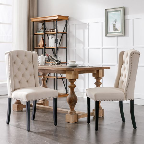 Essstuhl 2er-Set, Sitzhöhe ca. 47 cm, Beige Samt, Eichenholzbeine, Knopfdetail & silberne Nieten,61x45x100 cm