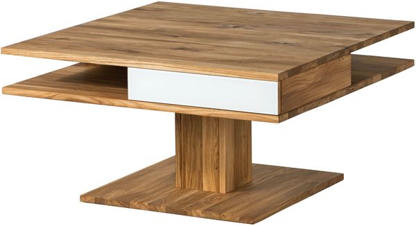 Couchtisch Wildeiche 85x85x45 natur geölt / Glas weiß WIEN #100