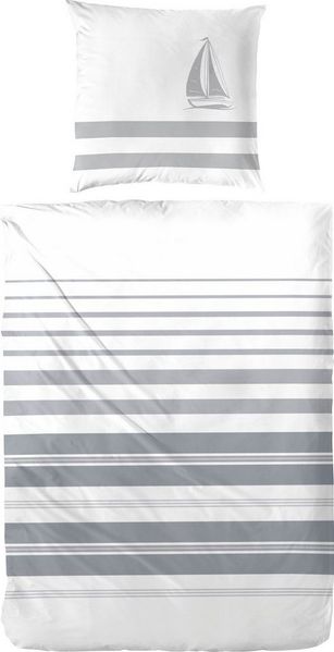 Hahn Renforcé Baumwoll Bettwäsche Streifen Segelschiff Weiss Grau 155x220 cm + 80x80 cm