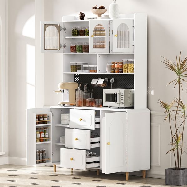 Merax Hochschrank mit Lochbrett und Massivholzbeine, Barschrank mit Stauraum, Küchen-Buffetschrank mit Schubladen, Ideal für Küche und Esszimmer (Weiß)