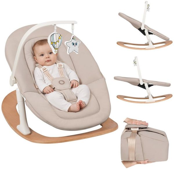 Lionelo Celia Rocker Babywippe ab Geburt bis 9 kg, verstellbare Rückenlehne, 5-Punkt-Gurt, Spielbogen mit Kissen, waschbarer Bezug, zerlegbar für Transport, Buchenholz-Kufen