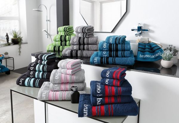Bruno Banani Handtuch Set Daniel, 1 Duschtuch 70x140, 2 Handtücher 50x100, 2 Gästetücher 30x50, Walkfrottee (Set, 5-St), Streifen-Bordüre & Markenlogo, 100% Baumwolle
