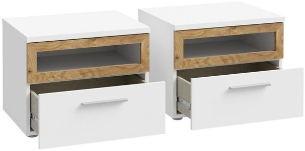 FORTE Nachtkommode 2er Set, 1 Schublade, 1 Fach, weiß, Eiche Dekor - 52x40,8x41,3cm BxHxT Bild 2