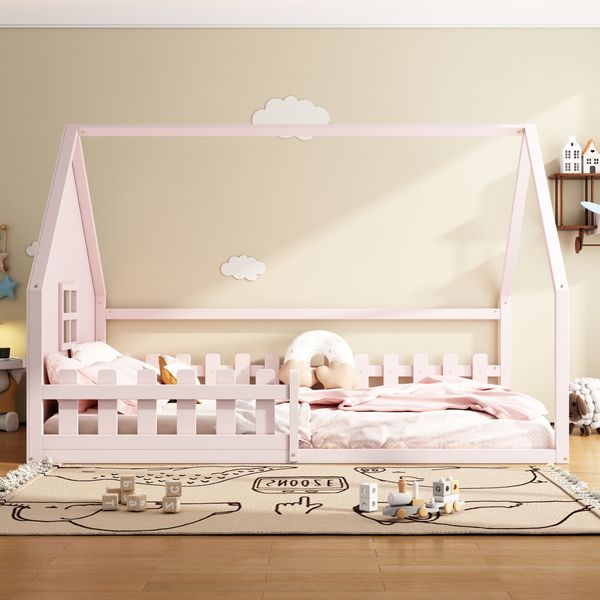 Flachbett, 140*200 cm, Kinderbett, Hausleiste, Geländer, Kiefernholz, Rosa