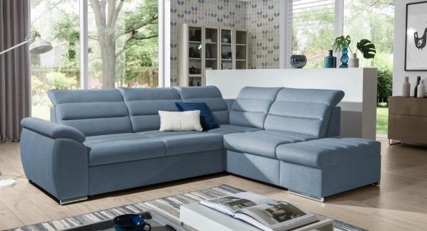 Ecksofa Schlafsofa Sofa PASCARA in Stoff Esito Hellblau Ottomane Rechts