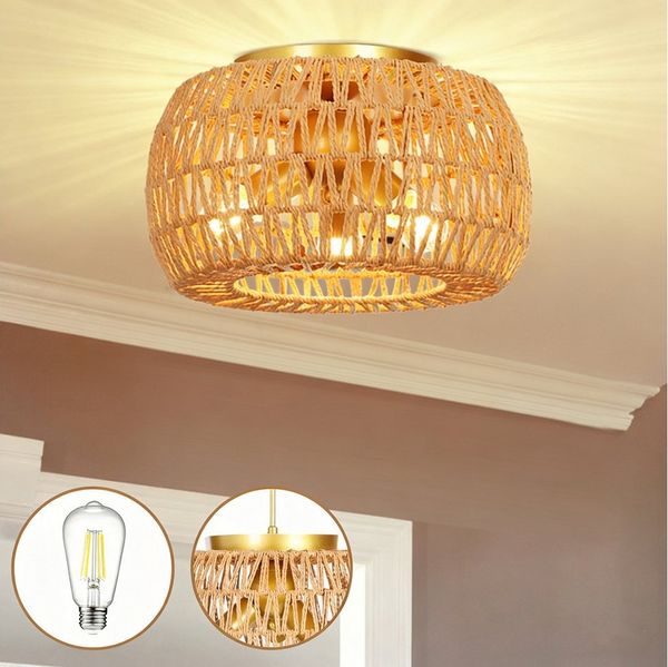 Rosnek Pendelleuchte Deckenleuchte Esszimmer aus Rattan, 3x E27, 40 W, Halogen, Boho Rattan Style for Dining Room & Living Room