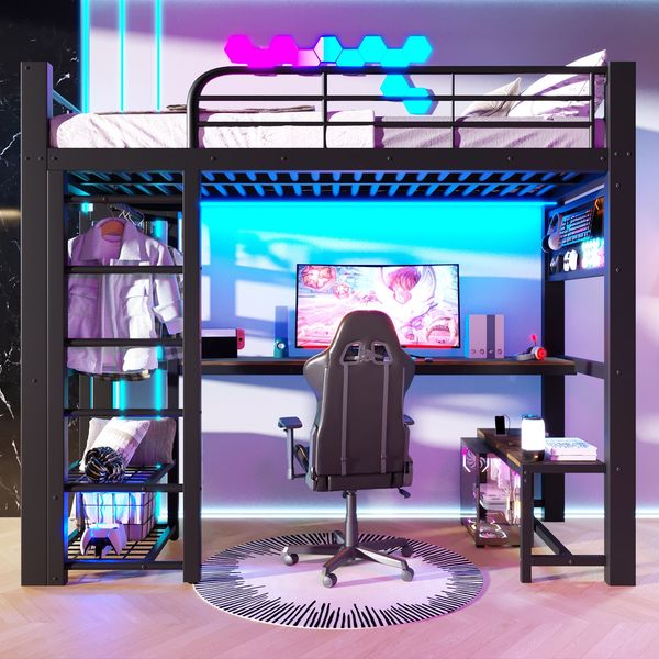 Merax Hochbett, 90×200 cm, Kinderbett, Metall, mit LED-Lichtleiste, mit Ablagen, Holzschreibtisch, Wäschetrocknungsstange, ohne Matratze, schwarz