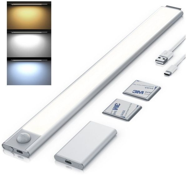 Brandson Unterschrankleuchte Nachtlicht mit Bewegungsmelder digital, Unterbauleuchte, 1500 mAh Akku, SMD LED, warmweiß, neutralweiß, kaltweiß, abnehmbar, Lichtsensor, 300 Lm, PIR Bewegungssensor, Timer