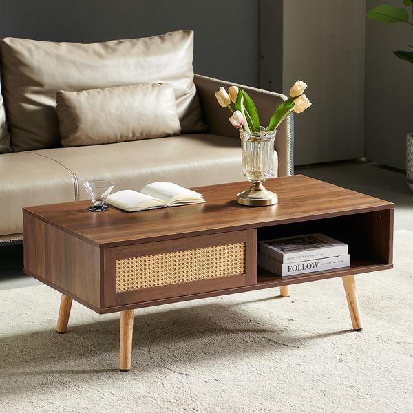 Couchtisch H 40 x B 105 x T 55 cm mit Rattan-Schiebetür, MDF in Braun, Stauraum