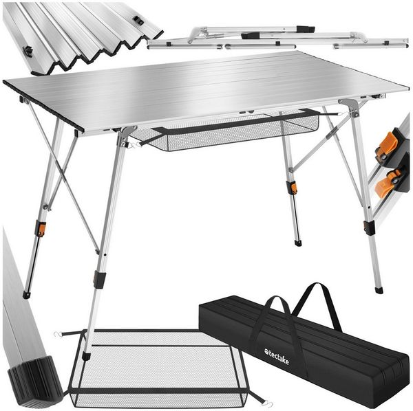 tectake® Campingtisch, Klapptisch aus Aluminium, aufrollbare XXL Tischplatte, Campingtisch faltbar, Reisetisch, Gartentisch, wetterfest, höhenverstellbare Beine, Tragetasche, 120x70,5 cm - Silber