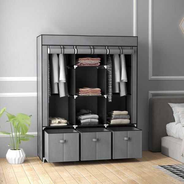 OKWISH Kleiderschrank Faltbarer Stoffschrank 125 x 43 x 162,5 cm in Dunkelgrau mit 3 Schubladen (Garderobe mit Reißverschluss aus Vliesstoff, 1-St, Kleiderschrank) Platzsparender Faltschrank für Kleidung & Accessoires