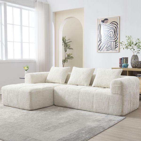 Modulares Chenille Sofa mit 3 Kissen, Softbag-Design, Seitentaschen, flexibler Aufbau, weiche Polsterung, Wohnzimmer Couch,Weiß