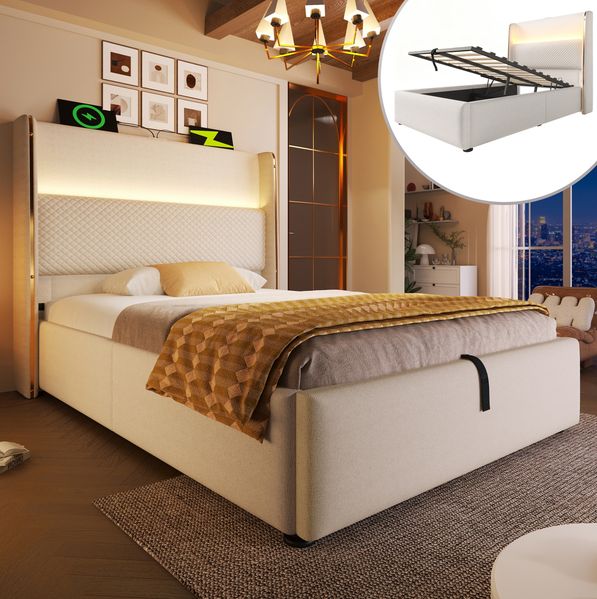 Modernes LED Hydraulikbett 90x200 cm Mit Leinen Kopfteil Und App Steuerung Stauraumbett In Beige Mit USB C Anschlüssen 250 Lbs Tragkraft
