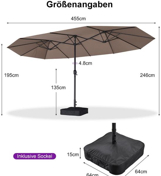 PURPLE LEAF Sonnenschirm Rechteckiger Doppelseitiger Sonnenschirm, Großer Tischsonnenschirm, LxB: 455x270 cm, mit 12 Schirmstreben, Kettenverschluss, mit Handkurbel, für Garten