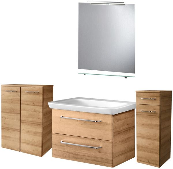 FACKELMANN MILANO Badmöbel Set 7-teilig 88 cm breit, Braun hell, Waschbecken Keramik Weiß + Midischrank + Doppel Midischrank + Glasablage + Spiegel + LED-Aufsatzleuchte