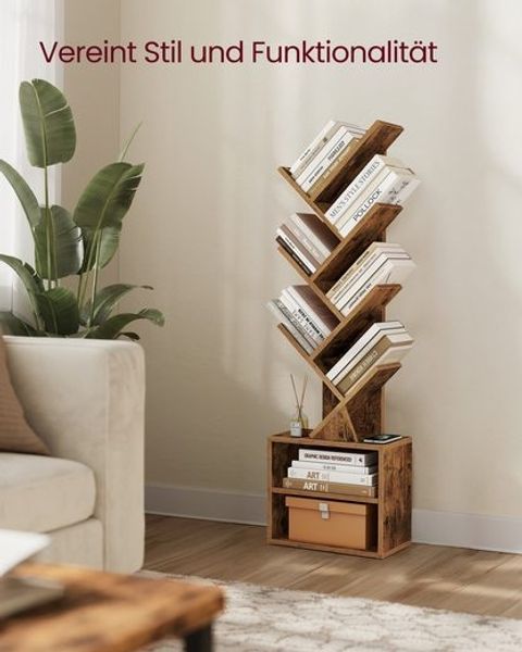 VASAGLE Standregal in Baumform, Bücherregal, 20,3 x 38 x 123,2 cm, mit 2 Fächern, braun