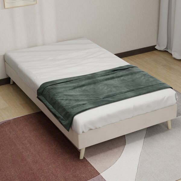 Kinderbett 90x200cm mit gepolstertem Cartoon-Kopfteil und pneumatischer Stangenaufbewahrung Beige, Stoff/Metall