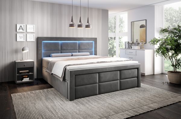 Aspen Boxspringbett mit Schubladen, LED-Beleuchtung, Samt, 180 x 200 cm, Matratze H3/H4, Grau