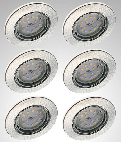 TRANGO LED Einbauleuchte, 6729-069GUSDAK 6er Set LED Deckenstrahler in Aluminium-Optik Rund inkl. 6x 5 Watt 3-Stufen dimmbar GU10 LED Leuchtmittel 3000K warmweiß leuchtend, Einbaustrahler, Einbauspot, Deckenleuchte, Deckenspots