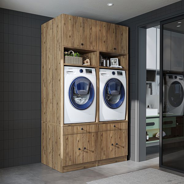 Roomart Waschturm Doppelschrank mit Ausziehplatte – SERIE 1 - 134 cm breit, Waschmaschinenschrank für Waschküche & Hauswirtschaftsraum • Eiche