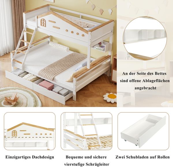 Merax 90x200cm&140x200cm Etagenbett, Kinderbett, mit farblich abgesetztem Fallschutzgitter, Zwei Schubladen, mit Fenster, mit vierstufigen Schrägleiter und Schubladen, Offenes Regal, Kiefer+MDF, Weiß+Natur Bild 6