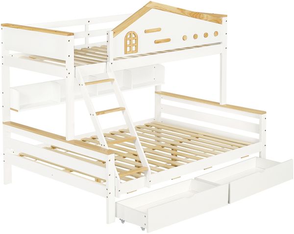 Merax 90x200cm&140x200cm Etagenbett, Kinderbett, mit farblich abgesetztem Fallschutzgitter, Zwei Schubladen, mit Fenster, mit vierstufigen Schrägleiter und Schubladen, Offenes Regal, Kiefer+MDF, Weiß+Natur Bild 9