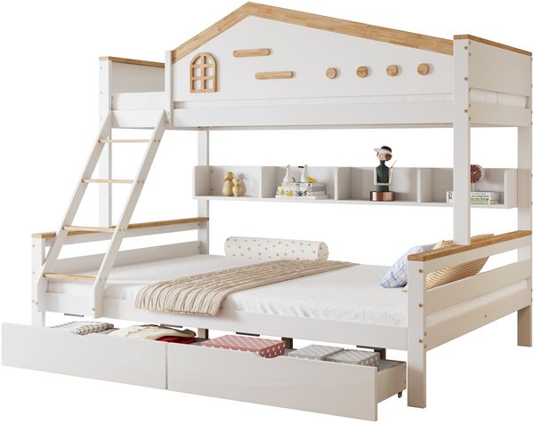 Merax 90x200cm&140x200cm Etagenbett, Kinderbett, mit farblich abgesetztem Fallschutzgitter, Zwei Schubladen, mit Fenster, mit vierstufigen Schrägleiter und Schubladen, Offenes Regal, Kiefer+MDF, Weiß+Natur Bild 10