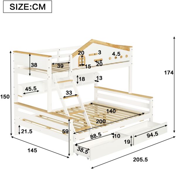 Merax 90x200cm&140x200cm Etagenbett, Kinderbett, mit farblich abgesetztem Fallschutzgitter, Zwei Schubladen, mit Fenster, mit vierstufigen Schrägleiter und Schubladen, Offenes Regal, Kiefer+MDF, Weiß+Natur Bild 4
