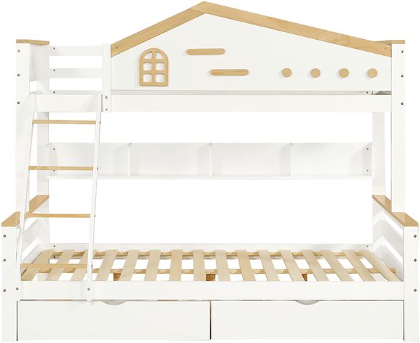 Merax 90x200cm&140x200cm Etagenbett, Kinderbett, mit farblich abgesetztem Fallschutzgitter, Zwei Schubladen, mit Fenster, mit vierstufigen Schrägleiter und Schubladen, Offenes Regal, Kiefer+MDF, Weiß+Natur Bild 8